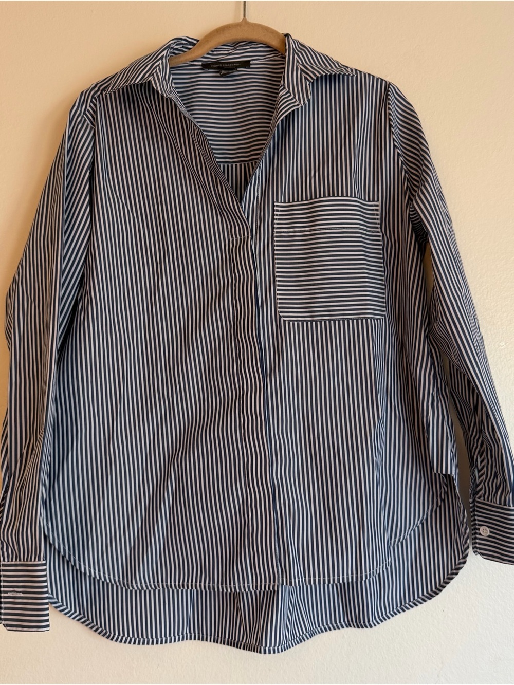 French Connection Striped Navy and White Oversized Button-Up Shirt Classic